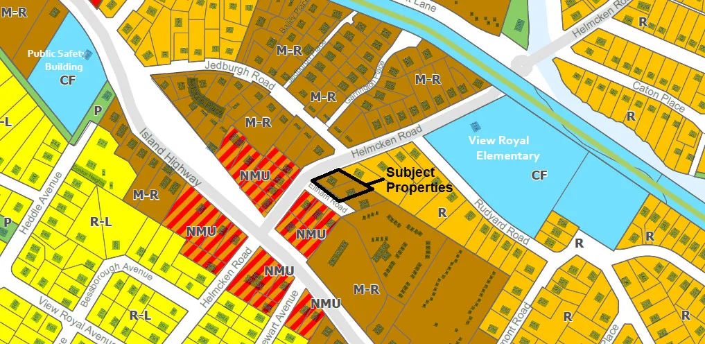 Land use map showing subject properties within the Mixed Residential (M-R) designation near View Royal Elementary