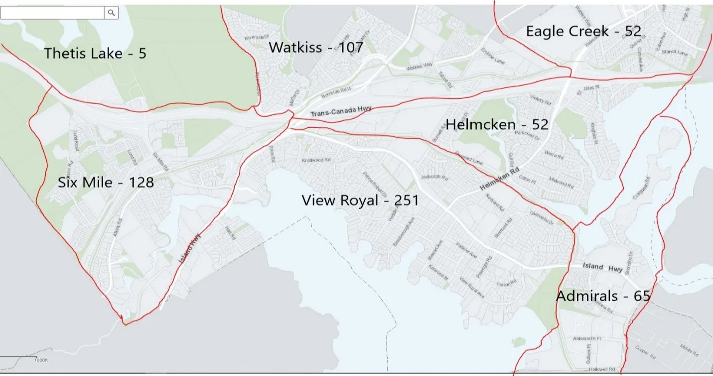 Map of service zones in View Royal showing call volumes for areas including Thetis Lake, Watkiss, Eagle Creek, Six Mile, Helmcken, Admirals, and View Royal