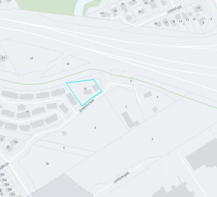 Map showing property parcels and building footprints with street names including Erskine Lane, Hospital Way, and Vickery Rd. Parcel 10 on Erskine Lane is highlighted with a cyan border.