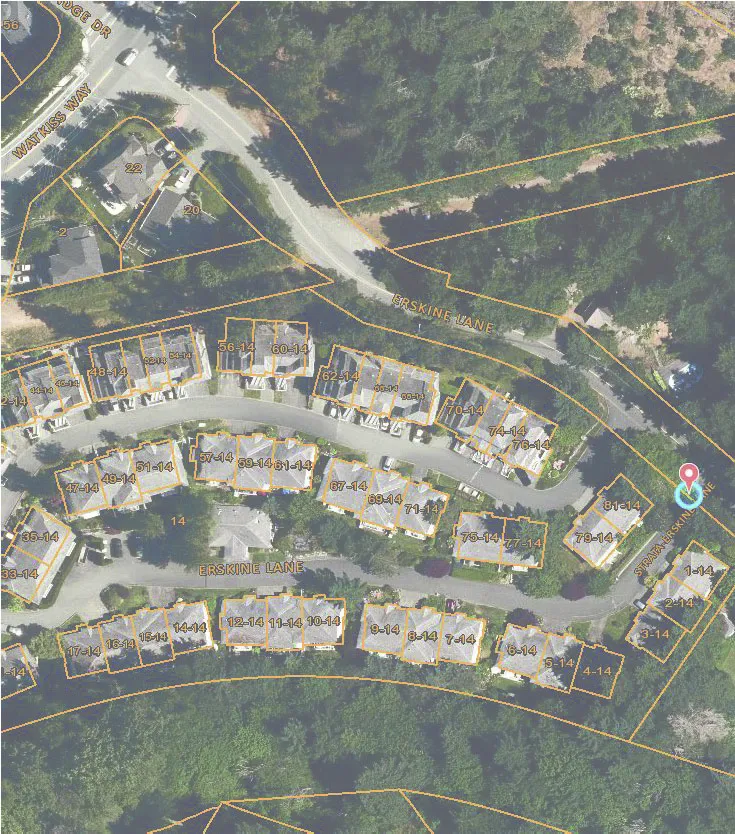 Neighborhood aerial map showing Wat Kiss Way and Erskine Lane