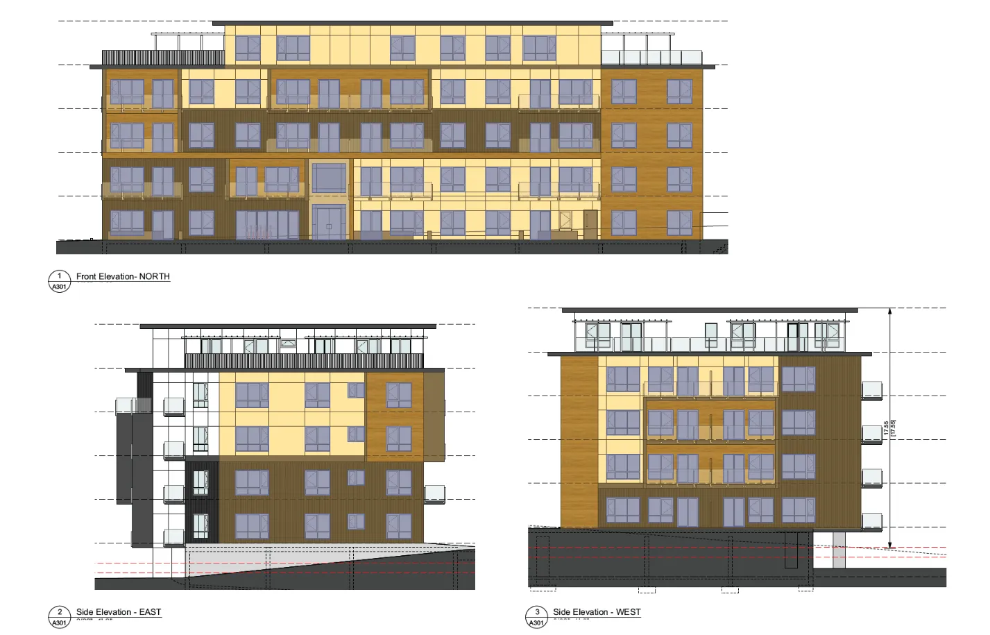 Building elevations for the proposed development including North, East, and West views