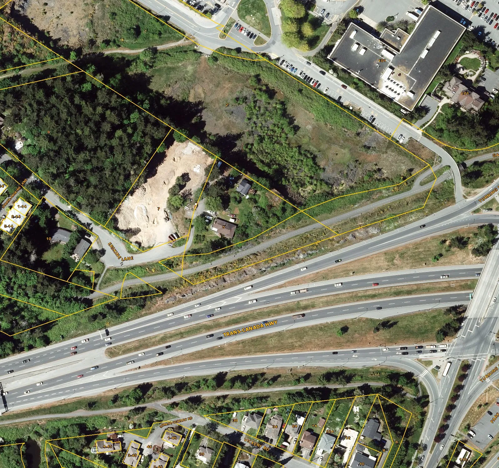 Detailed aerial view of the triangular development site at 5 Erskine Lane