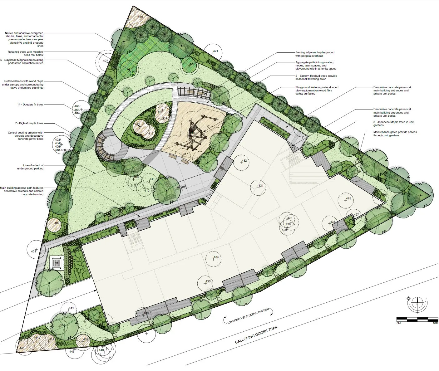 Landscape concept plan for the 5 Erskine Lane development including amenity spaces and tree retention
