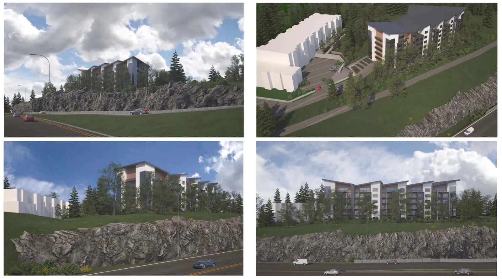 Architectural renderings of the proposed 6-storey development showing multiple perspectives including street-level and aerial views