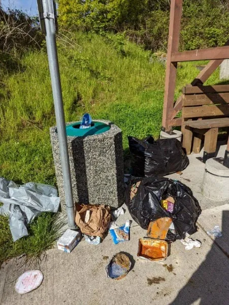 Litter and bags of garbage on the ground around a stone refuse container at a bus stop