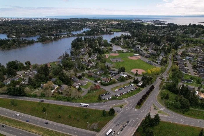 Aerial drone photo overlooking the Trans Canada Hwy, Helmcken Centennial Park, and Portage Inlet