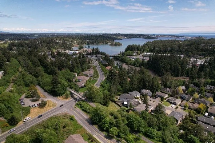 Aerial drone photo overlooking Esquimalt Harbour and the Galloping Goose Trail at Atkins Rd.