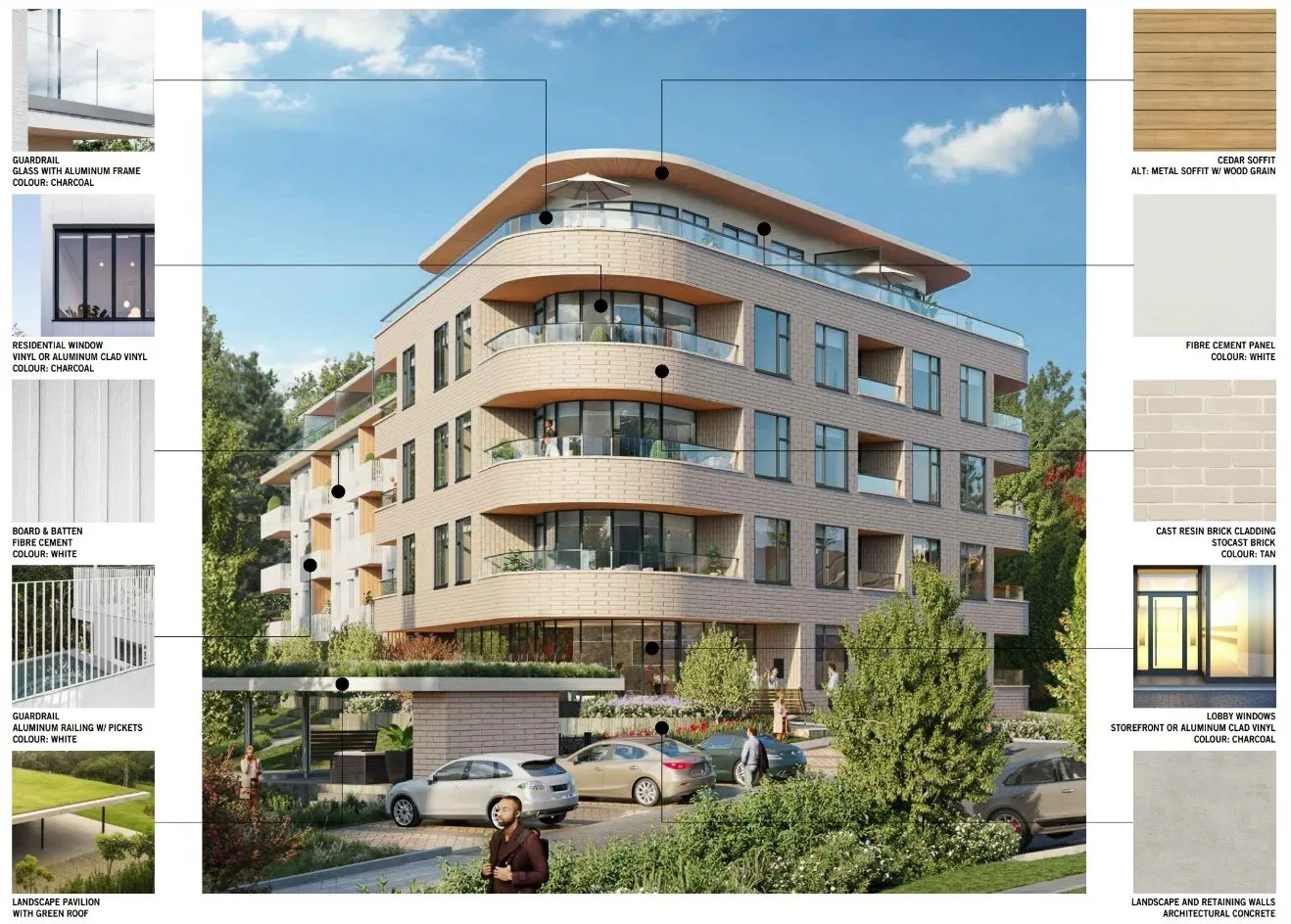 Architectural rendering of the building front with callouts for specific materials including brick cladding, cedar soffit, and cement panels