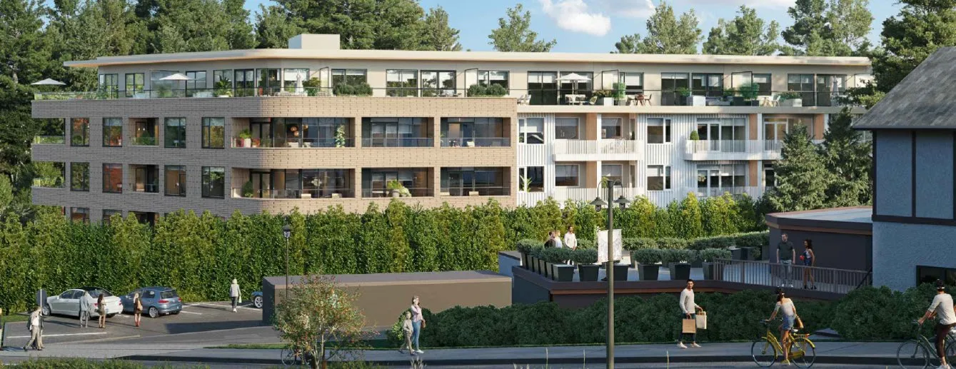 Broad architectural rendering showing a side profile view of the five-storey condominium building and surrounding landscaping