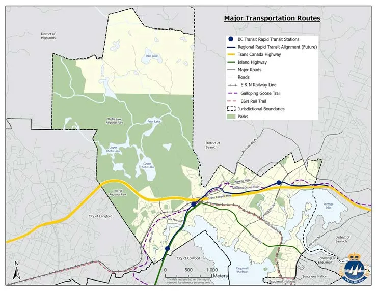 Map of Major Transportation Routes in View Royal highlighting BC Transit rapid transit stations, highway routes, major roads, and railway lines