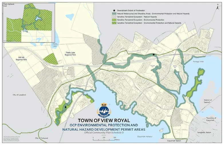A land use map titled 'OCP Environmental Protection and Natural Hazard Development Permit Areas - Schedule D', highlighting sensitive areas in green and blue around waterways and parks