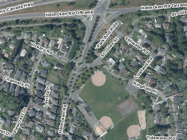 Aerial map showing the location of Helmcken Centennial Park and surrounding streets including Helmcken Rd and Vickery Rd