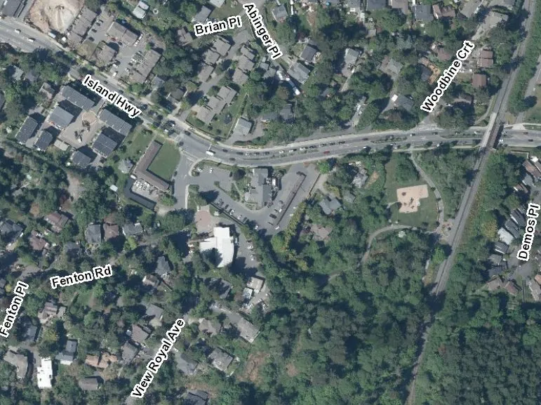 Aerial map showing the Town Hall area located near Island Hwy and View Royal Ave