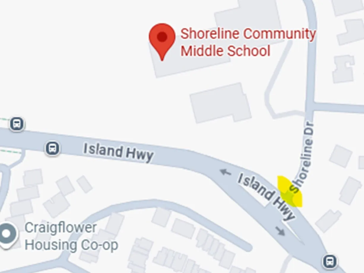 Map showing Shoreline Community Middle School and the intersection of Island Hwy and Shoreline Dr, with a yellow highlight indicating a crossing concern at the intersection.