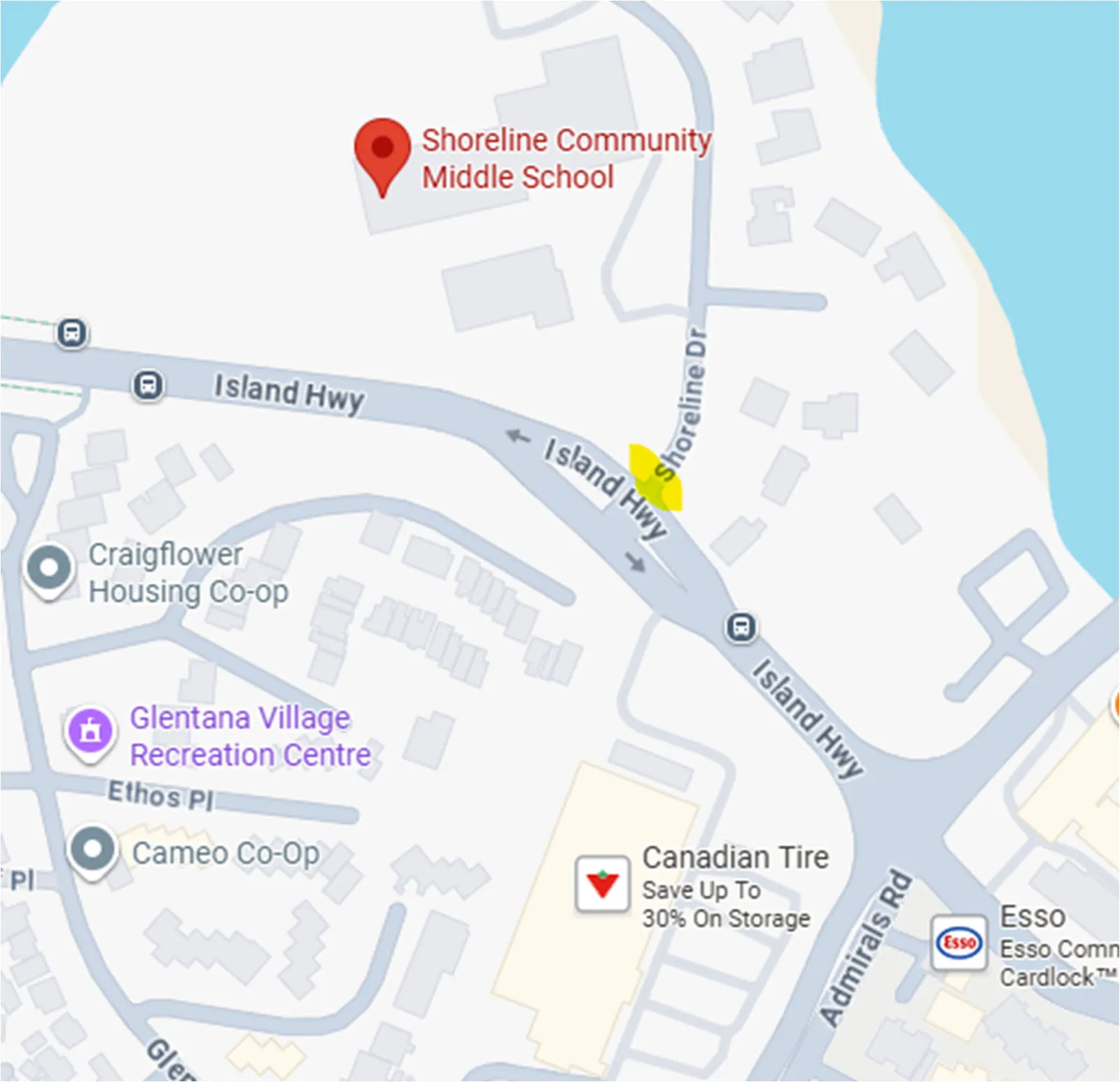 Map showing the intersection of Shoreline Drive and Island Highway with a yellow highlighted area of concern near Shoreline Community Middle School
