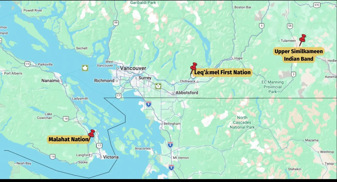 Detailed regional map of southern British Columbia marking the locations of Malahat Nation, Leq'á:mel First Nation, and Upper Similkameen Indian Band