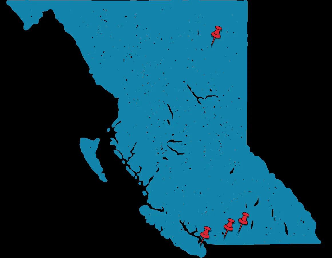 Map of British Columbia with red pins indicating partner First Nations locations