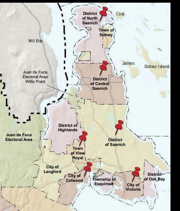 Map of the Capital Regional District (CRD) on southern Vancouver Island with red pins marking various municipalities including North Saanich, Sidney, Central Saanich, Saanich, Victoria, Oak Bay, Esquimalt, View Royal, Colwood, and Highlands