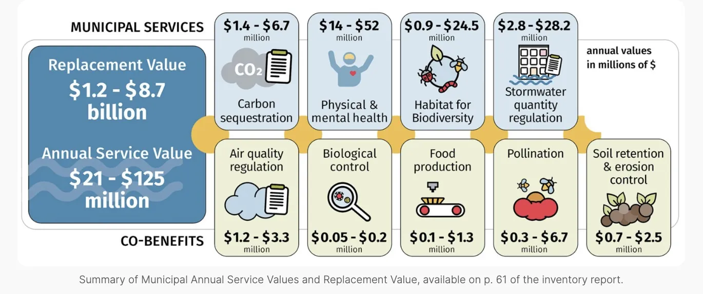Summary of Municipal Annual Service Values and Replacement Value chart showing annual values for services such as carbon sequestration, physical & mental health, biodiversity habitat, and stormwater regulation.