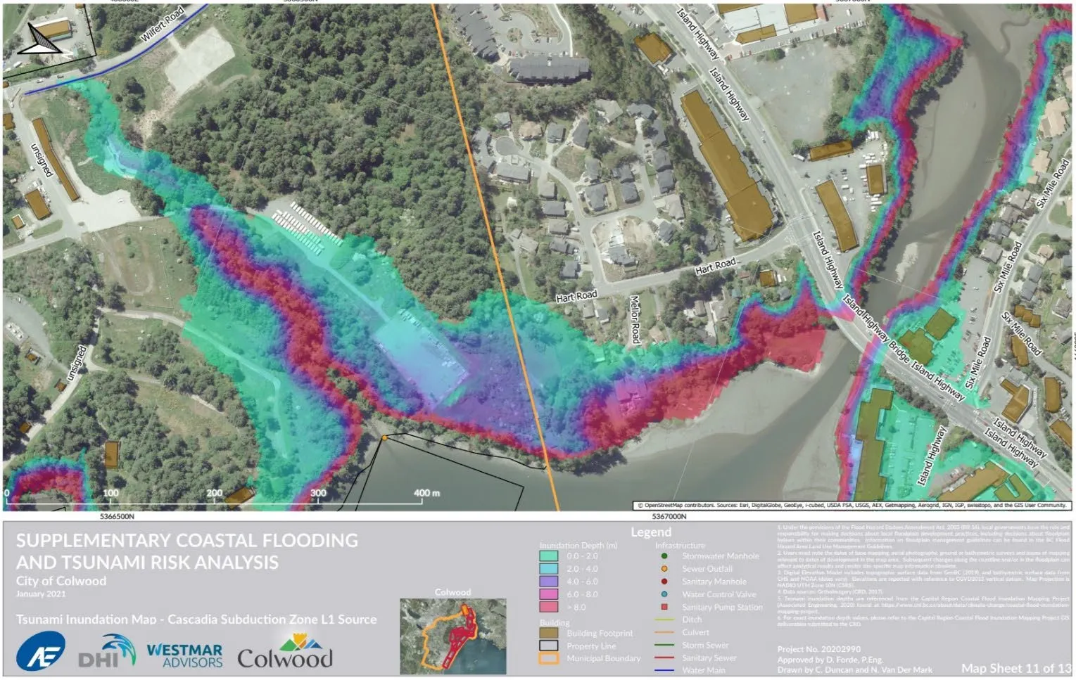Tsunami Inundation Map for the Millstream Estuary and Parsons Bridge area, part of a supplementary coastal flooding and tsunami risk analysis.