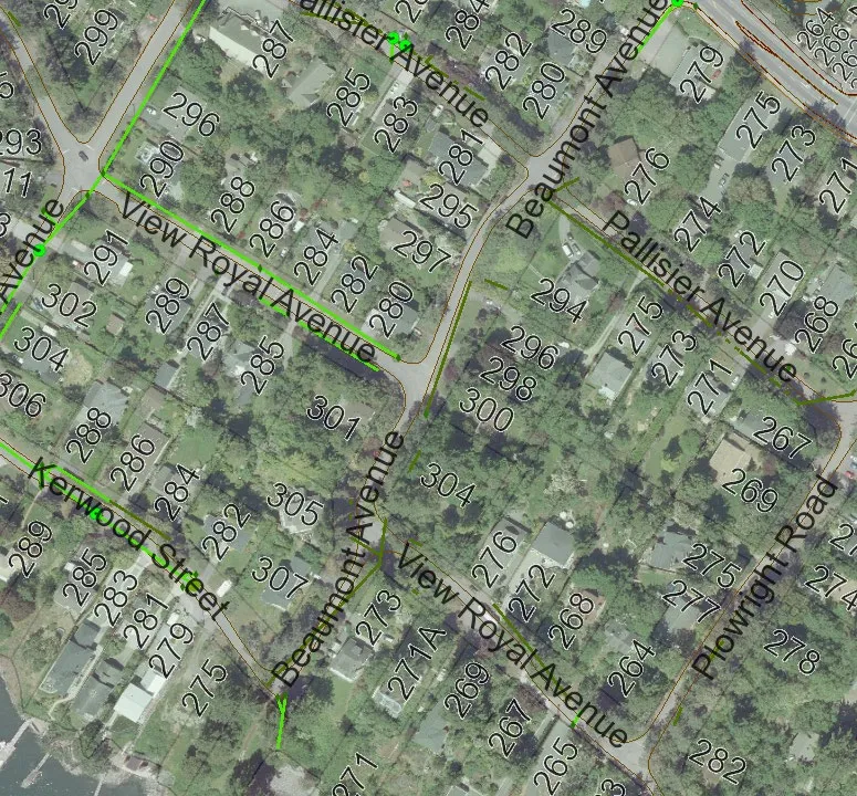 Aerial map of the project area showing View Royal Avenue, Beaumont Avenue, Pallisier Avenue, and Plowright Road with marked property parcels and drainage alignments