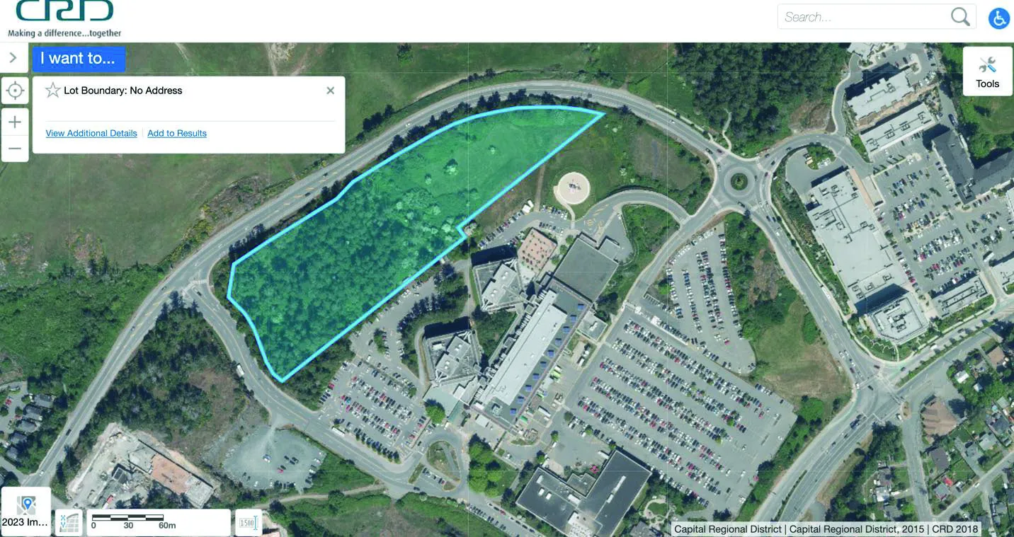 Aerial map showing the ALR Subject Parcel highlighted in blue adjacent to the Main VGH Hospital Campus