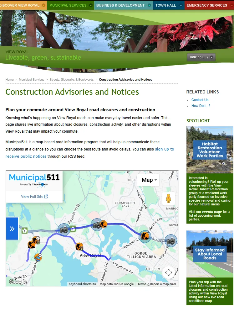 Screenshot of the "Construction Advisories and Notices" webpage showing a Municipal511 map of the View Royal area with construction icons