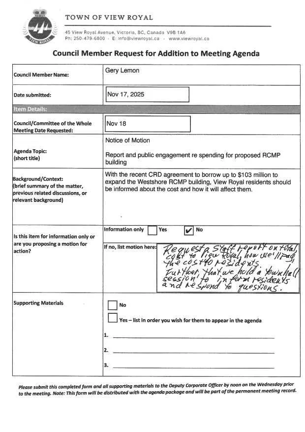 Council Member Request for Addition to Meeting Agenda form