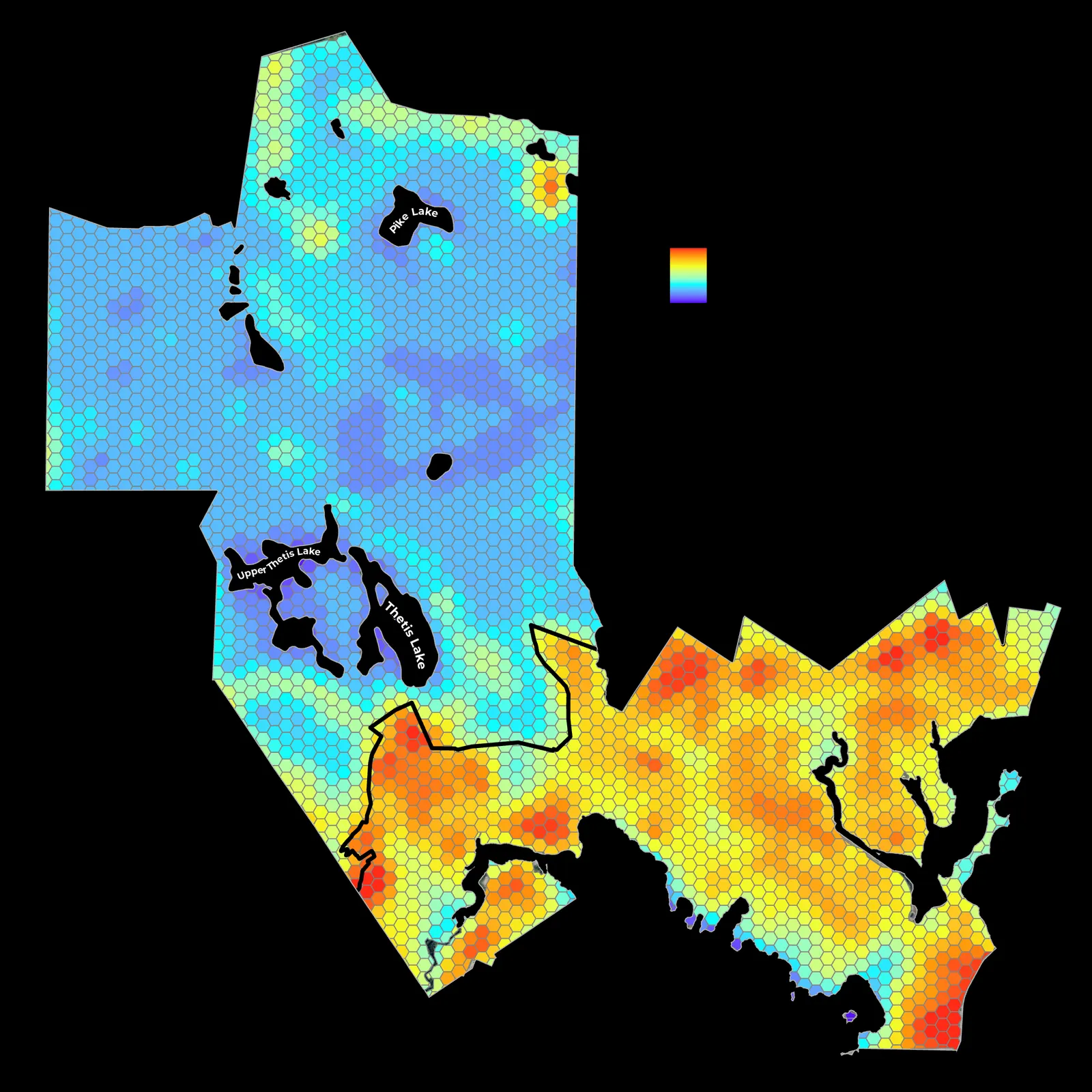 Hexagonal heat map of View Royal showing land surface temperatures ranging from 17°C (blue) to 30°C (red), highlighting the cooling effect of parks and water bodies