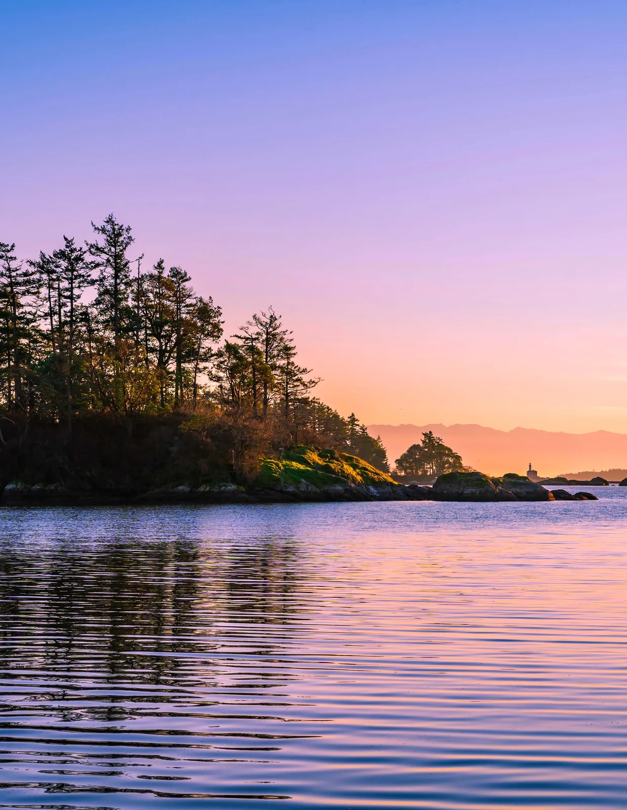 A scenic landscape photograph of a calm body of water at sunset or sunrise, with a tree-covered shoreline in the foreground and distant mountains.