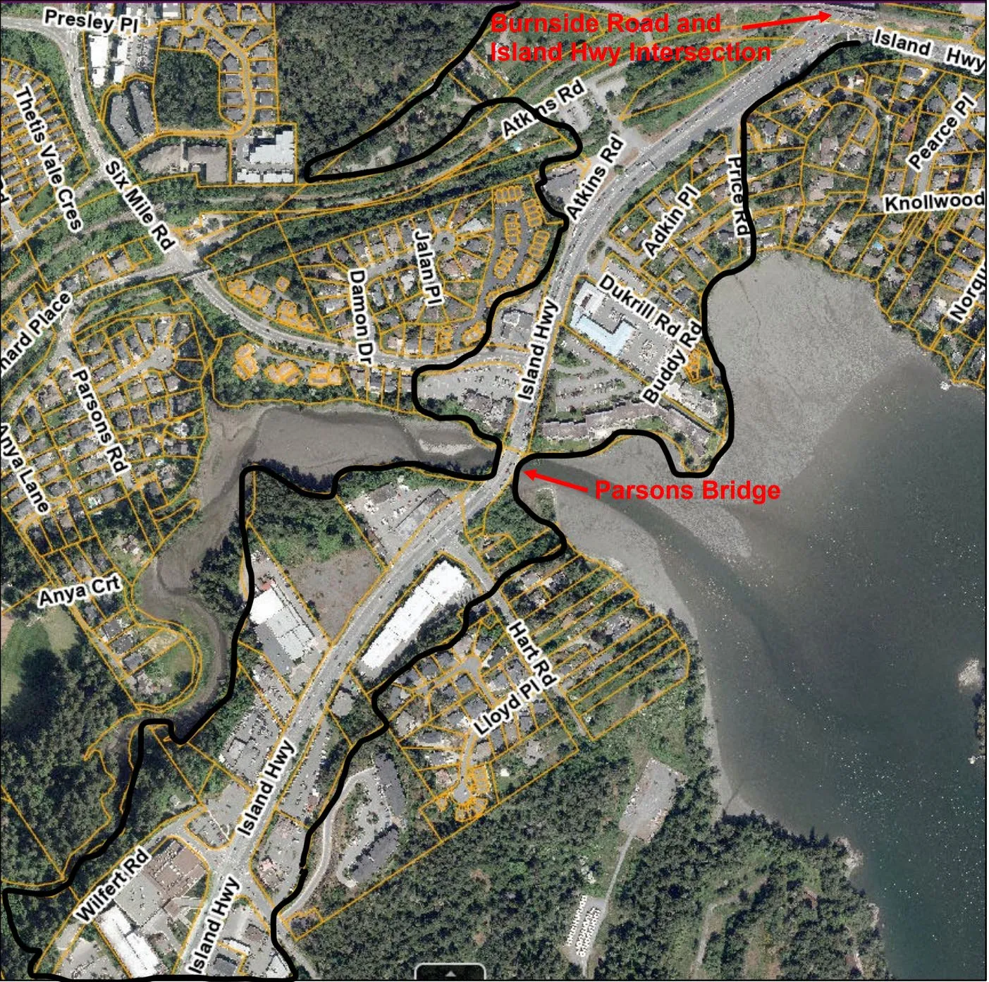 Aerial map showing the study area for the Western Gateway, with street names and boundaries marked in black and yellow lines