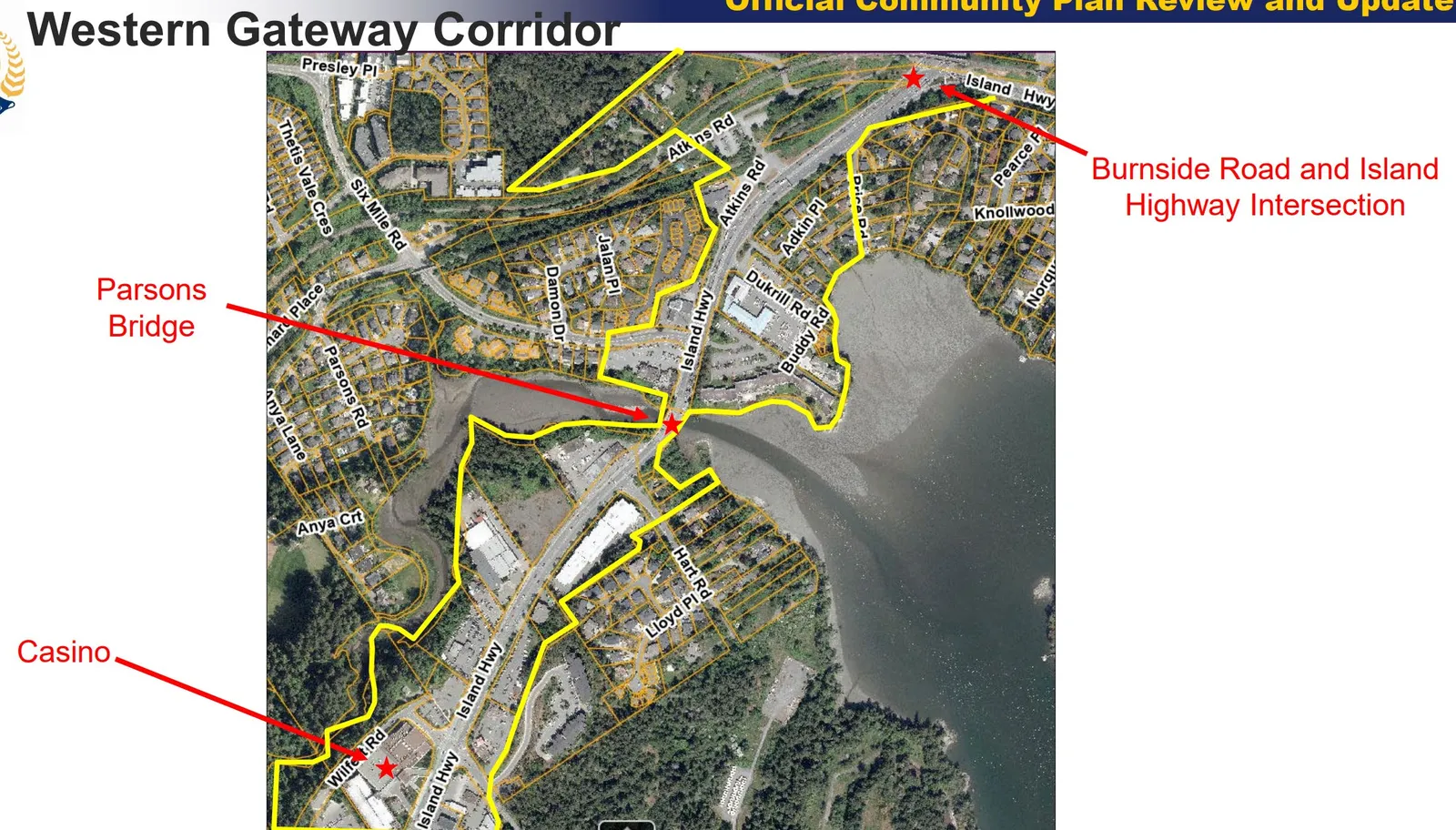 Aerial map titled Western Gateway Corridor identifying key locations including Casino, Parsons Bridge, and the Burnside Road and Island Highway Intersection
