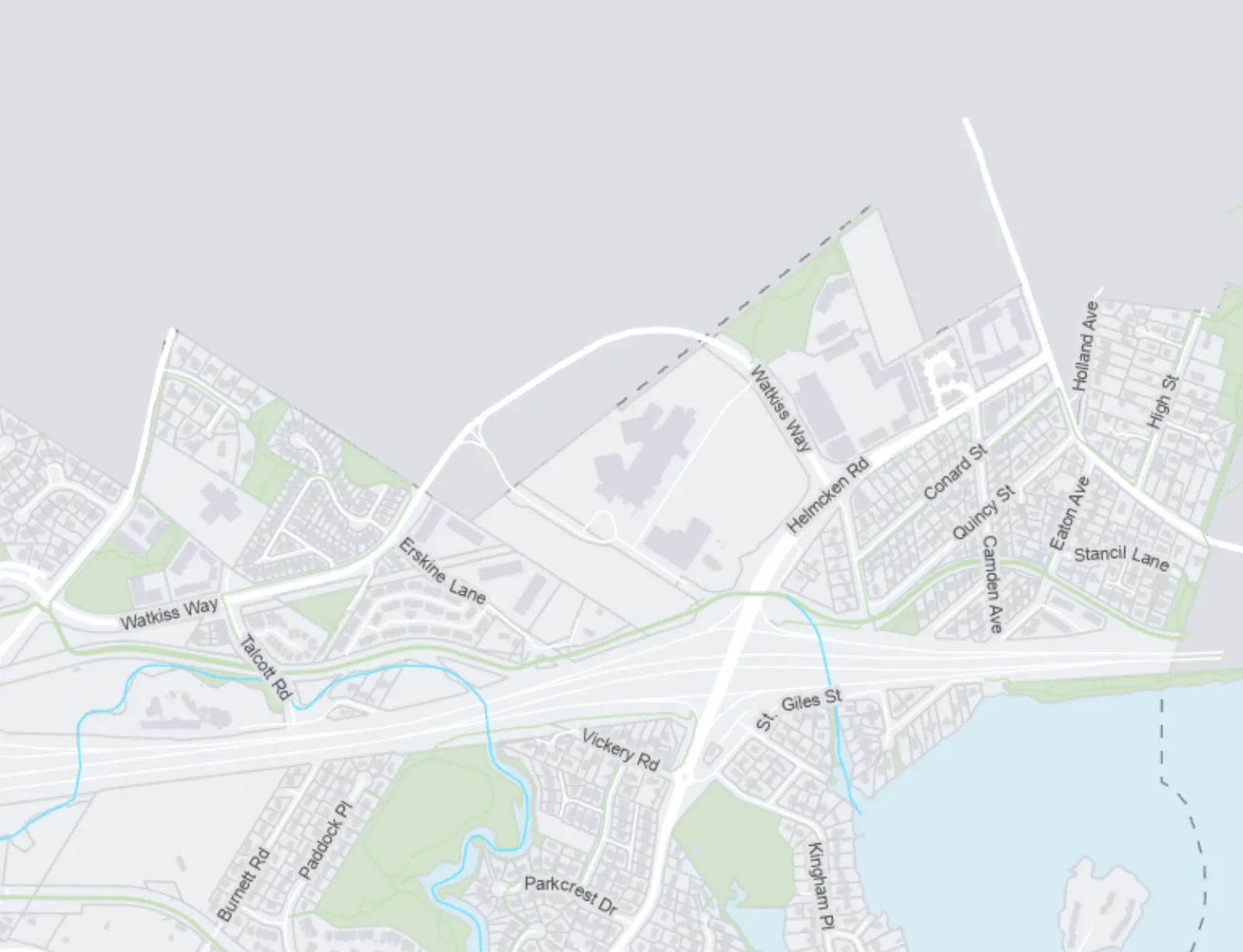 Overview map showing the northeastern road network including Watkiss Way, Helmcken Rd, and the Trans-Canada Hwy