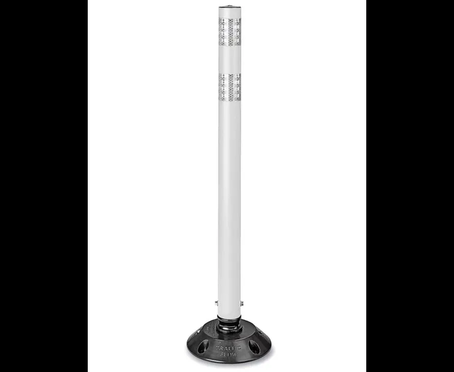 Studio product shot of a single white knock-down bollard with reflective bands and a black circular base.