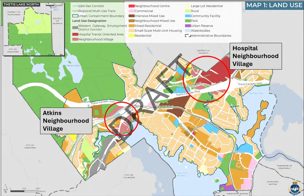 Map 1 - Land Use highlighting the Atkins and Hospital Neighbourhood Villages