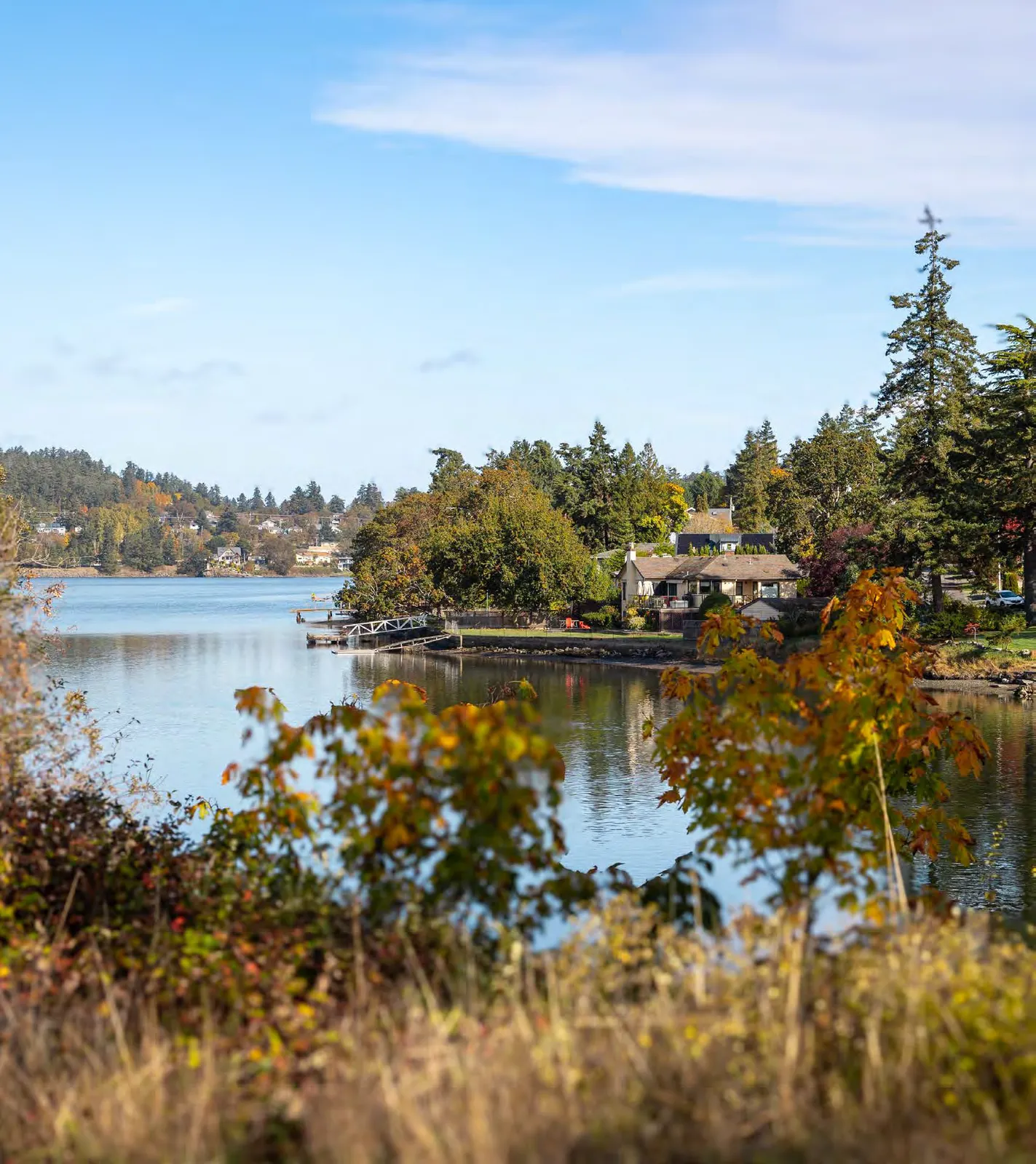 Scenic autumn view of residential houses along the shoreline of Esquimalt Harbour