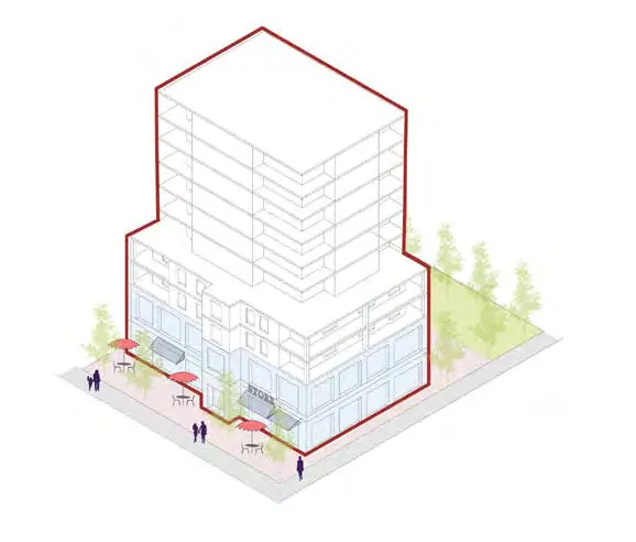 Architectural rendering of a modern 5-storey employment building with industrial space on the ground floor and offices above, featuring a bus stop in front