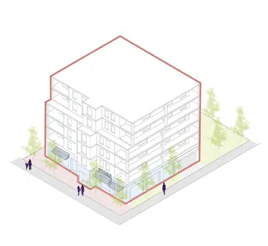 Architectural rendering of a modern 8-storey building with medical offices on lower floors and residential units above, featuring wide pedestrian sidewalks and bike lanes