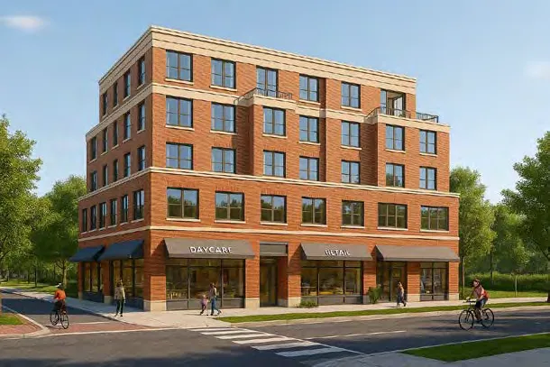 3D massing diagram of a 6-storey mixed use building in a Neighbourhood Village context