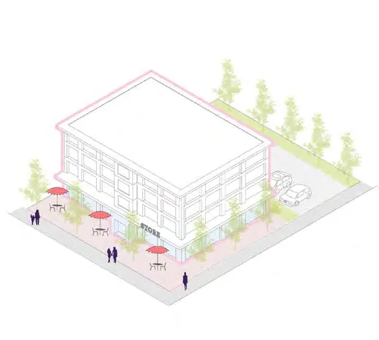 3D massing diagram of a 4-storey commercial building with active street frontage