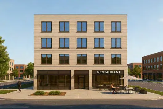 Architectural rendering of a 4-storey commercial building with a ground-floor cafe and upper-floor offices