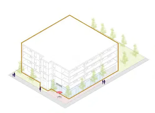 3D massing diagram of a 4-storey development with ground-floor commercial space