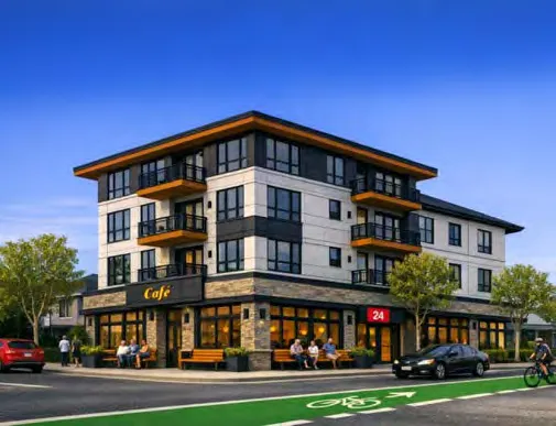Architectural rendering of a modern 4-storey mixed use building with a corner cafe