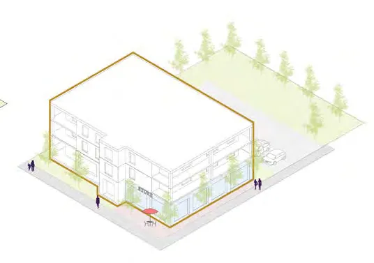 3D massing diagram of a 3-storey mixed-use structure