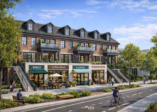 Architectural rendering of a community-centered 3-storey development with ground-floor bakery and shops