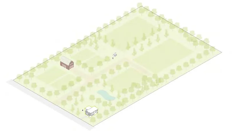 3D massing diagram of a detached house with a separate ground floor entrance for a secondary suite