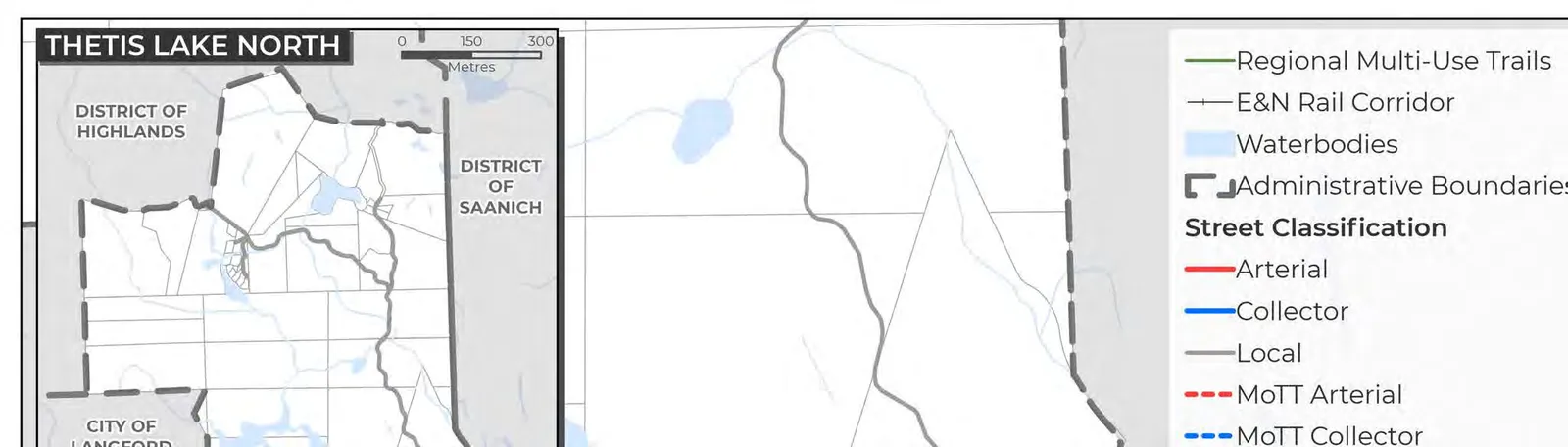 Map showing existing sidewalks, bike lanes, and regional trails in View Royal