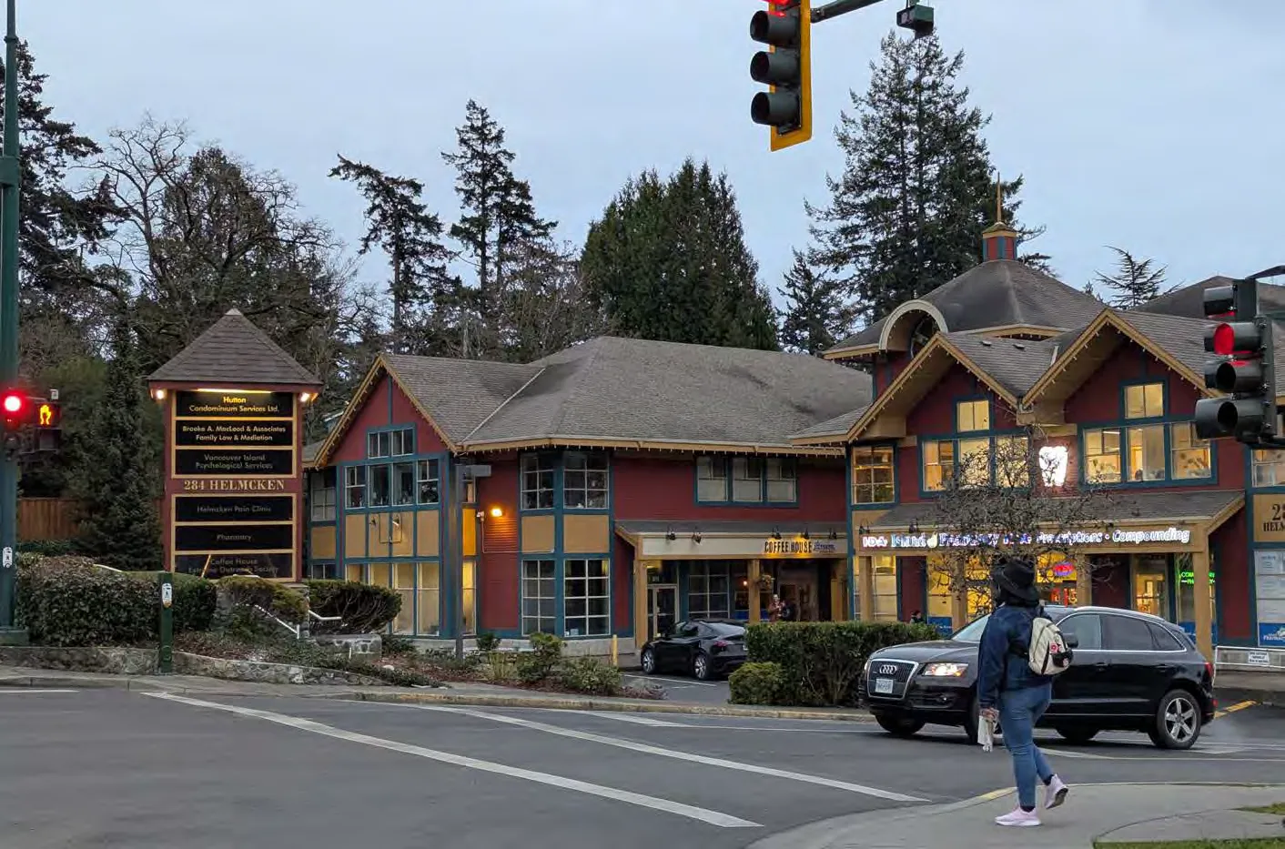 Shops at Helmcken Road featuring a pharmacy, clinic, and cafe