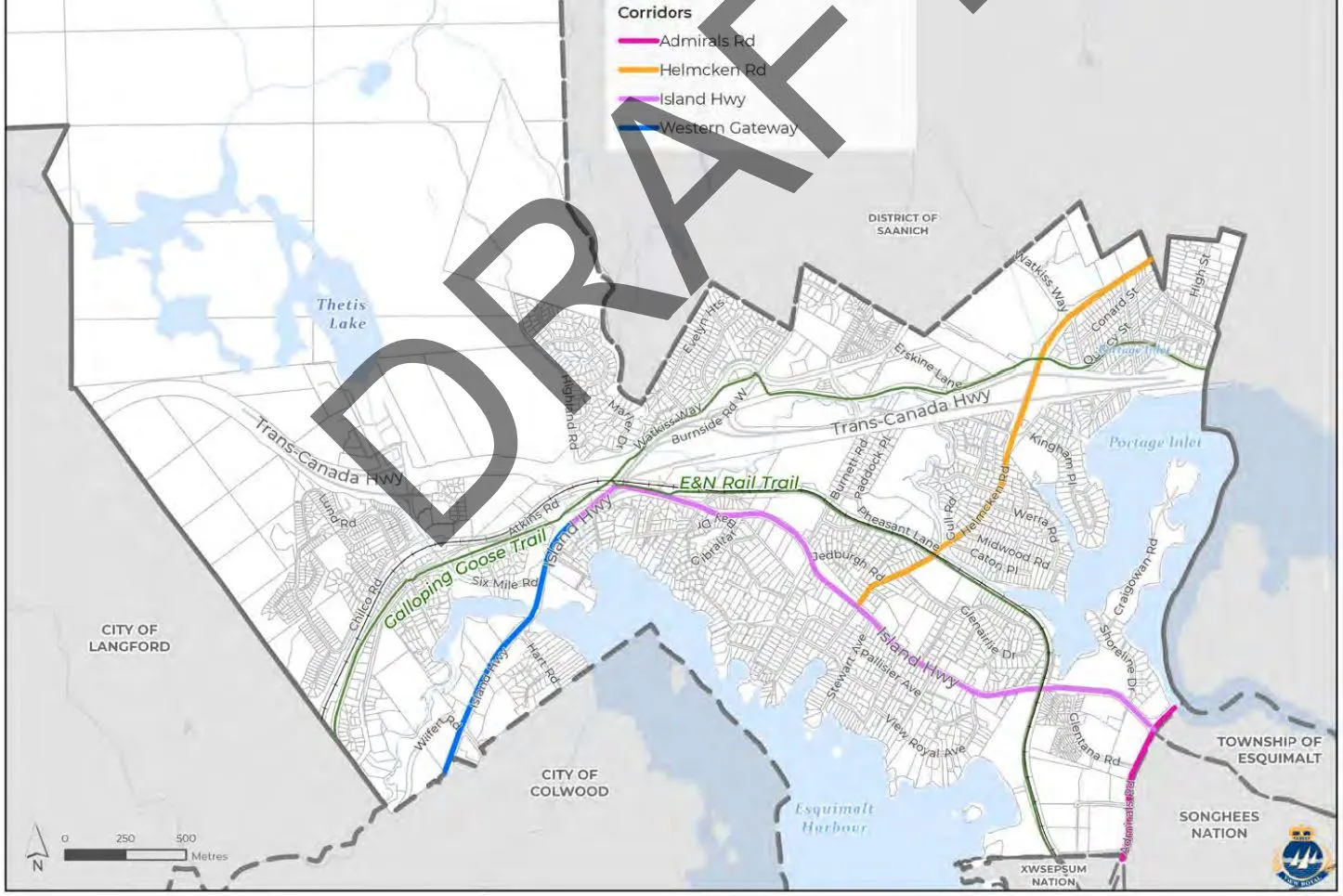 Draft map highlighting primary transportation corridors including Admirals Rd, Helmcken Rd, and Island Hwy