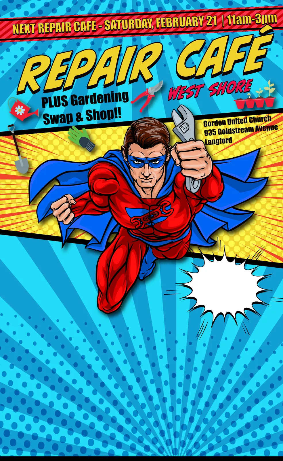 A superhero wearing a red suit with a blue cape and mask, holding a large wrench. The background is a comic-book style starburst with icons of gardening tools like a watering can, shovel, and shears.